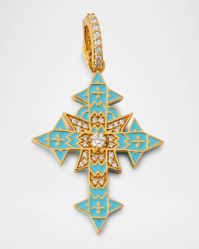 20K Sky Blue Enamel and Diamond Cross Pendant